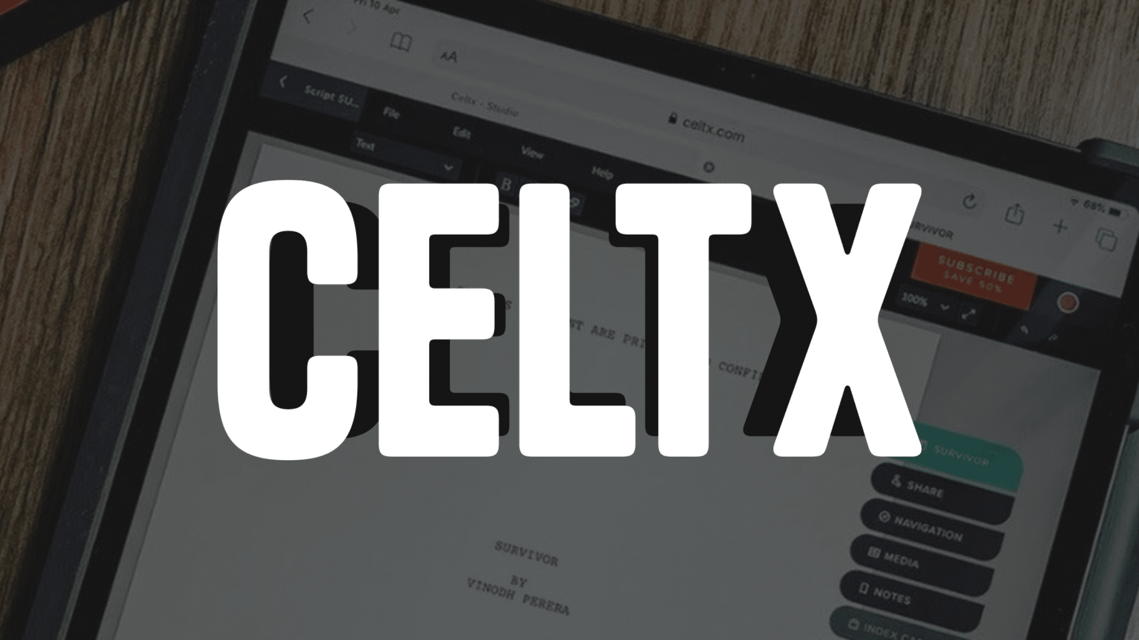 The Celtx logo over top a photo of Celtx screenwriting software on a tablet