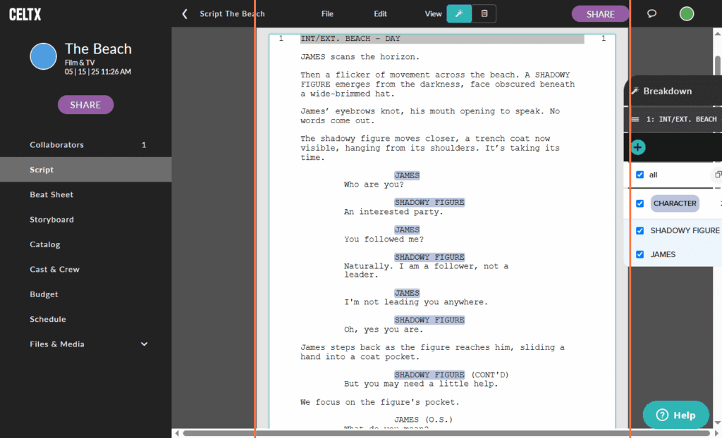 A screenshot of a script being written with Celtx Screenwriting Software