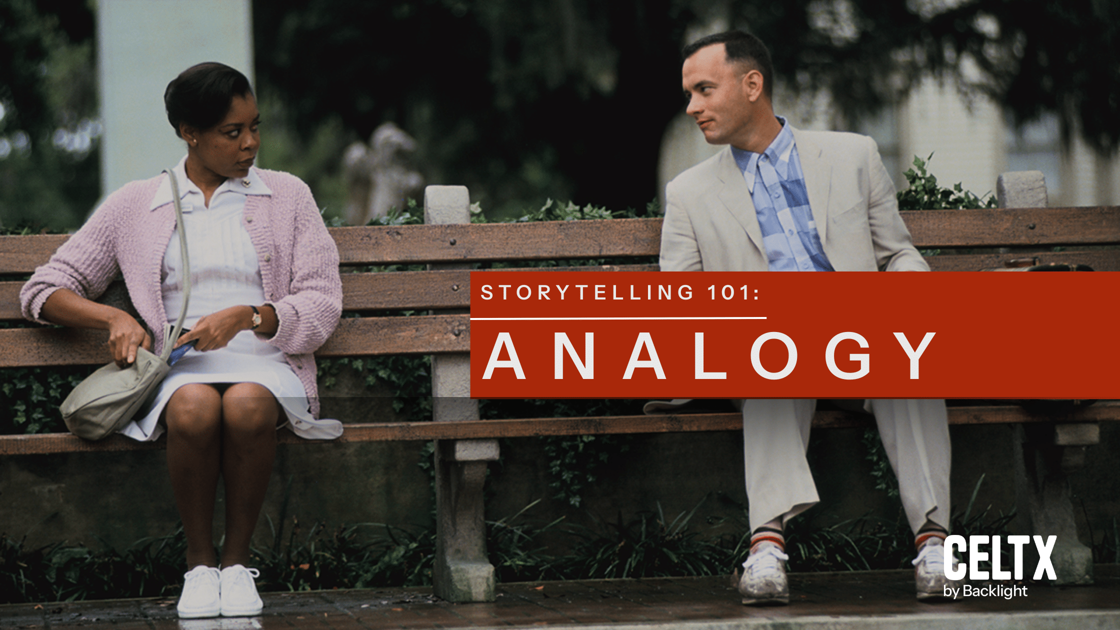 Text reads "Storytelling 101: Analogy" A photo of Forrest Gump from the iconic scene where he says the line "life is like a box of chocolates" is in the background. The Celtx logo is at the bottom right.