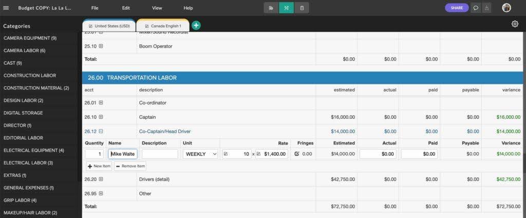 A screenshot of the Celtx (sometimes misspelled as Celtex or Celtix) Budgeting tool - a tool often used by Line Producers