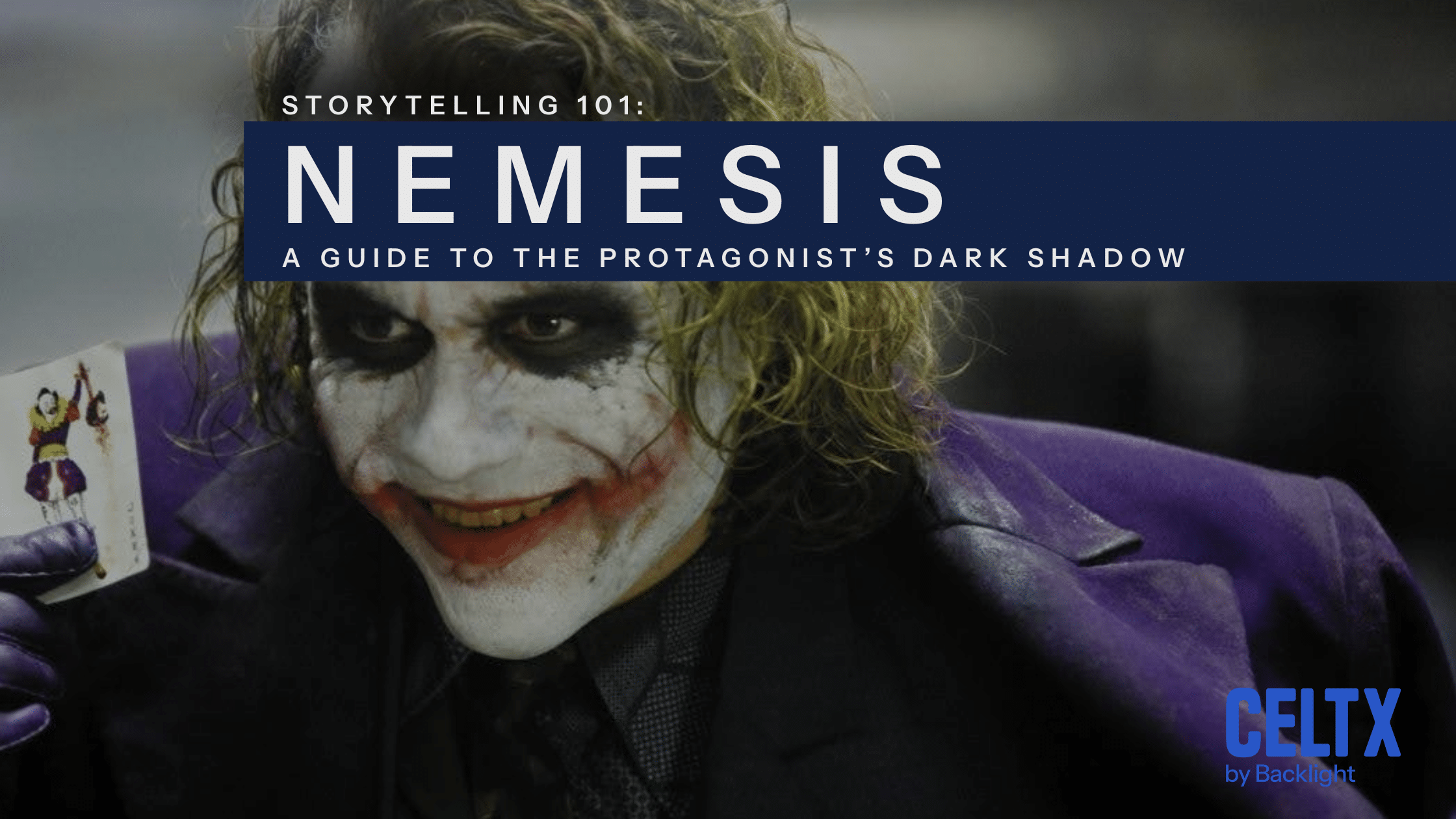 storytelling 101: nemesis. A guide to the protagonist's dark shadow. A photo of the Joker (Health Ledger in The Dark Knight) is in the background. The Celtx logo at the bottom right.