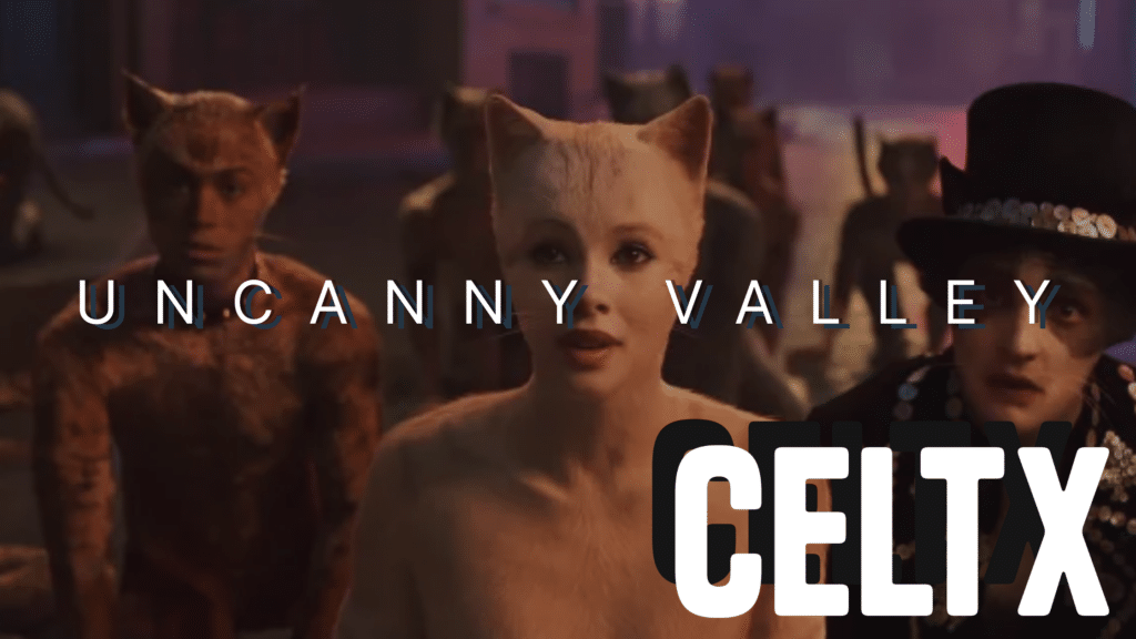 Banner graphic with a photo from the mocap film for the musical Cats and the words UNCANNY VALLEY written across it. The Celtx logo is at the bottom right.