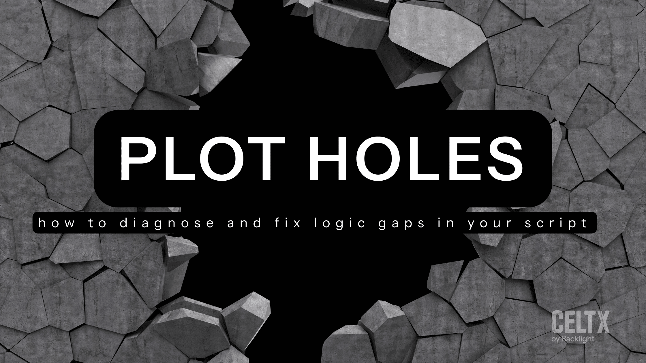large hole in the ground with large text that reads: "Plot Holes. How to diagnose and fix logic gaps in your script"