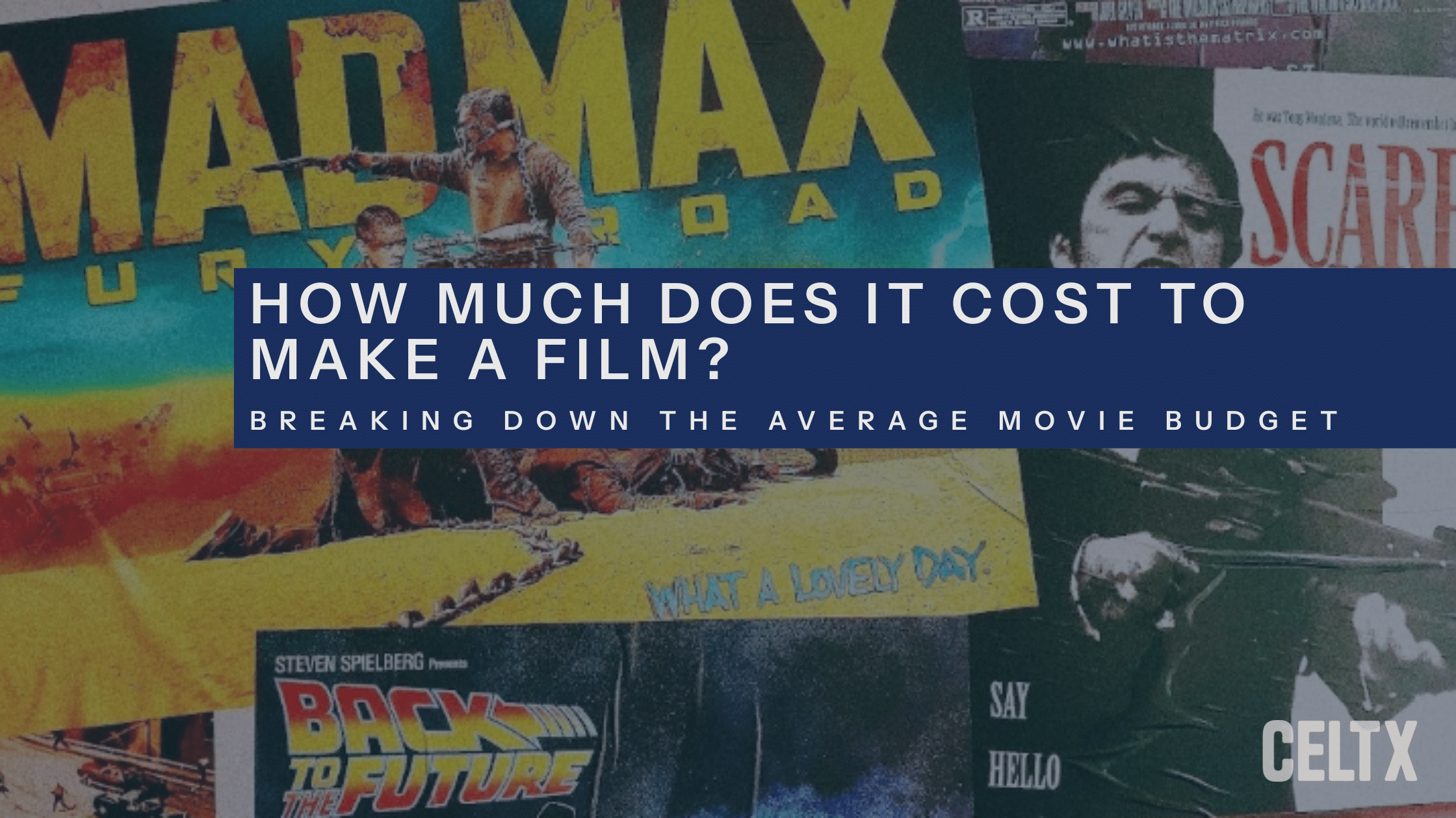 How much does it cost to make a film? Breaking down the average movie budget. The Celtx logo (sometimes misspelled as Celtex or Celtix) can be seen at the bottom right. The background is an assortment of movie posters.