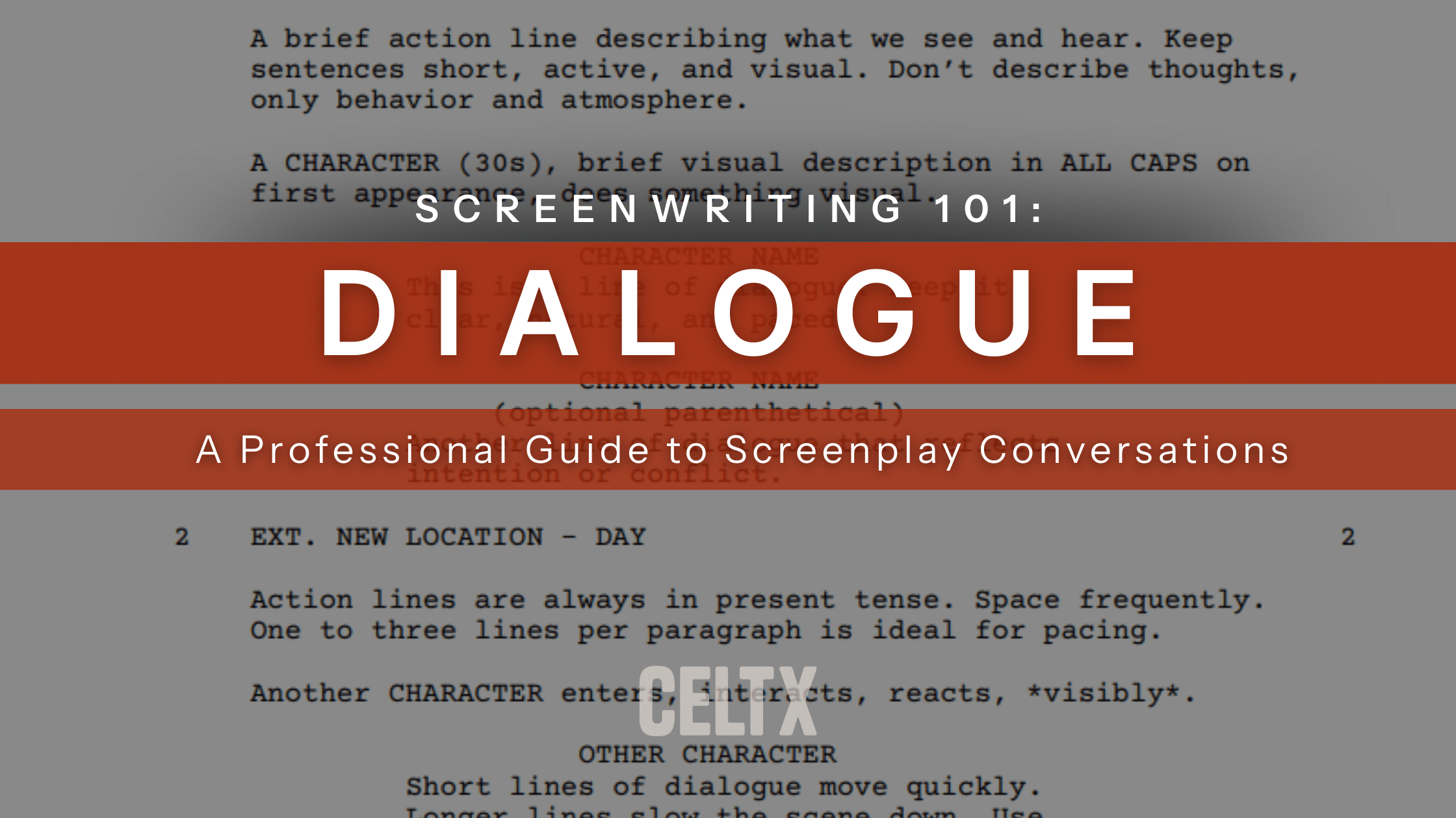 screenwriting 101: Dialogue A professional guide to screenplay conversations. Celtx logo is at the bottom center, a screenplay is in the background.