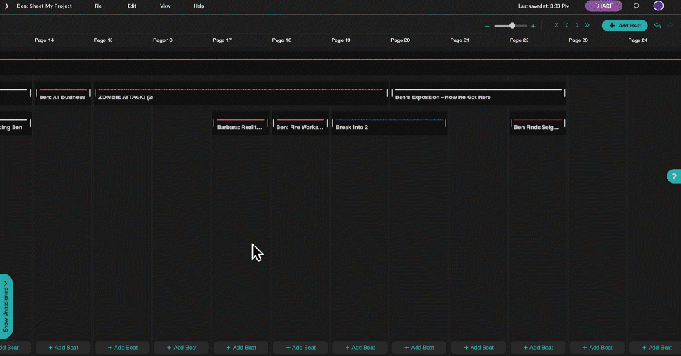 adding a new beat to the new celtx beat sheet and adding an image to that beat.