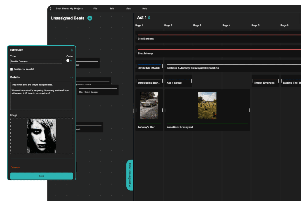 The updated Celtx Beat Sheet dashboard - a beat node is popped out showing how you can edit that beat and add it to unassigned beats or one of your customizable Acts.