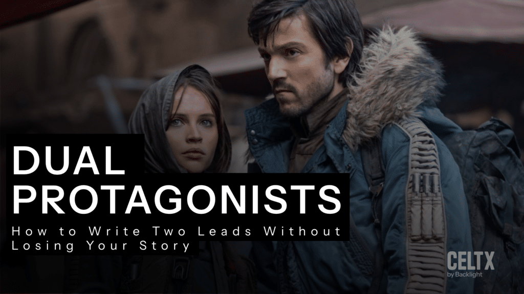 Dual protagonists: how to write two leads without losing your story.

Background photo is a still of dual protagonists Jyn Erso and Cassian Andor from Rogue One.