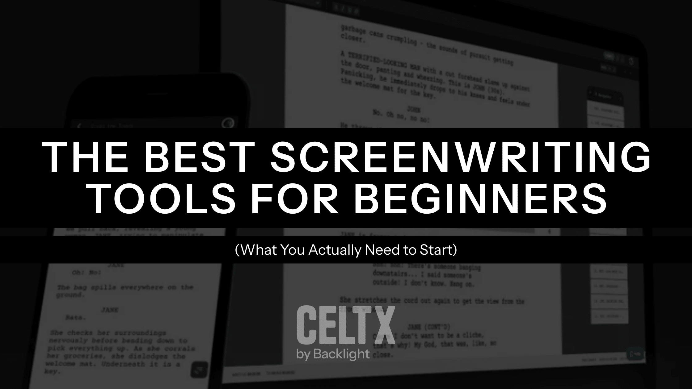 The best screenwriting software for beginners (what you actually need to start). The Celtx logo is at the bottom. The background photo is celtx screenwriting software on a laptop