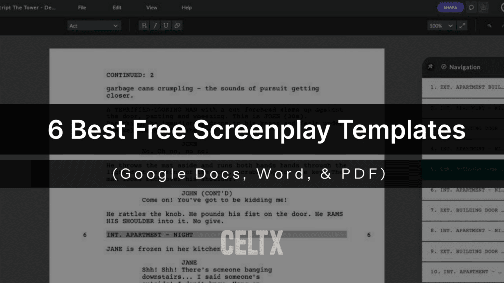 text that reads" 6 best free screenplay templates (google docs, word, & PDF)". Below is the Celtx logo. A celtx script in the background.