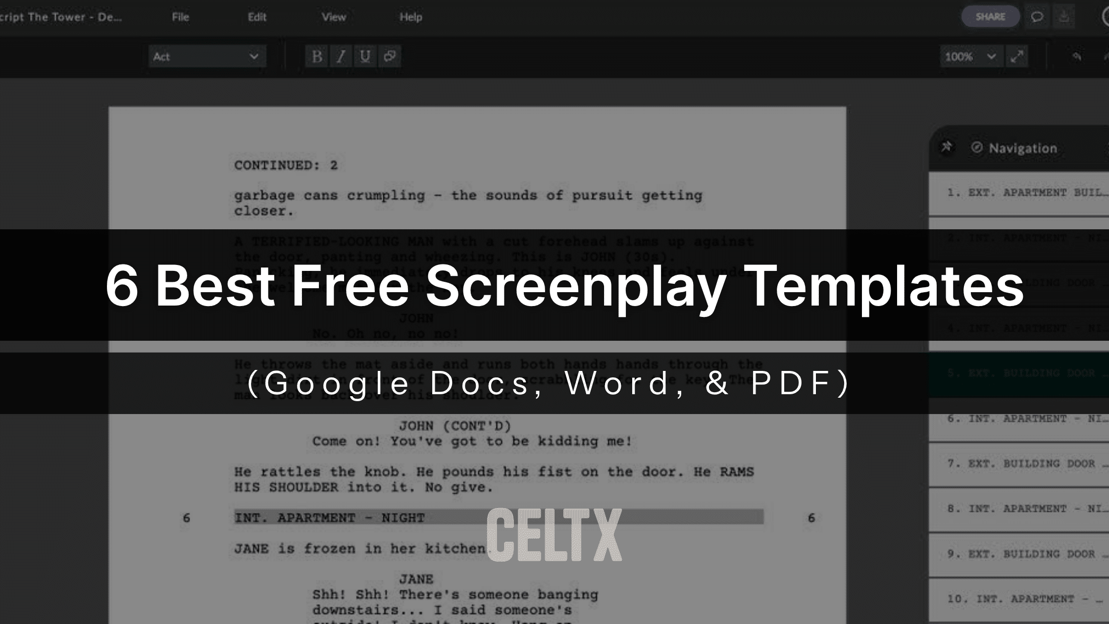 text that reads" 6 best free screenplay templates (google docs, word, & PDF)". Below is the Celtx logo. A celtx script in the background.