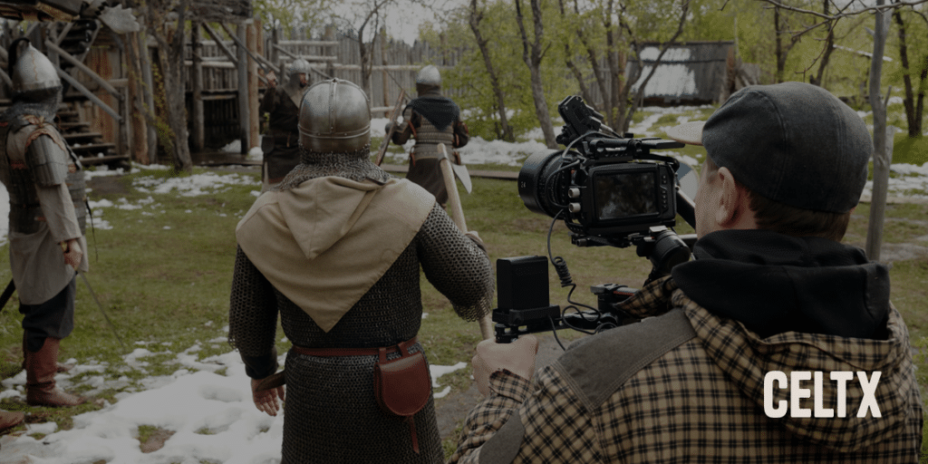 a film production in a medieval setting with props like swords, chainmail, and helmets - organized by a prop list.