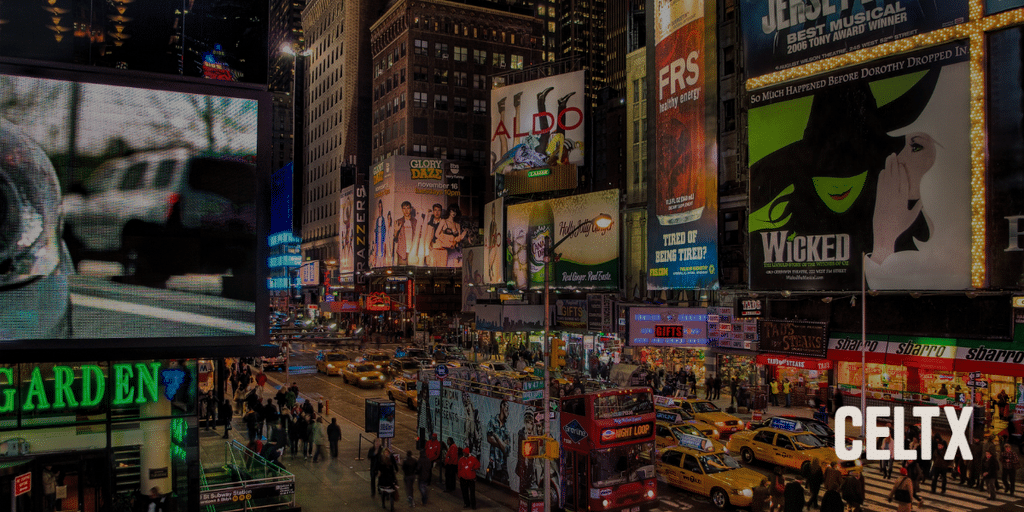 advertisements in Times Square - written using an advertisement script.