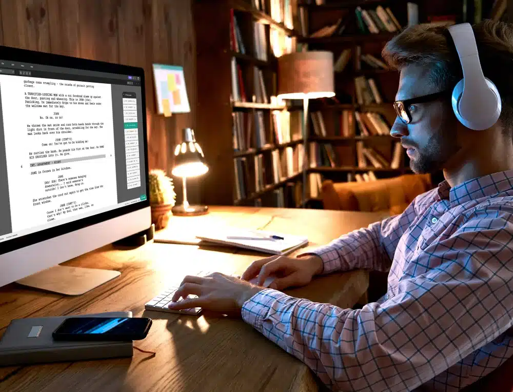 a screenwriter using celtx screenwriting and storyboarding software on a computer.