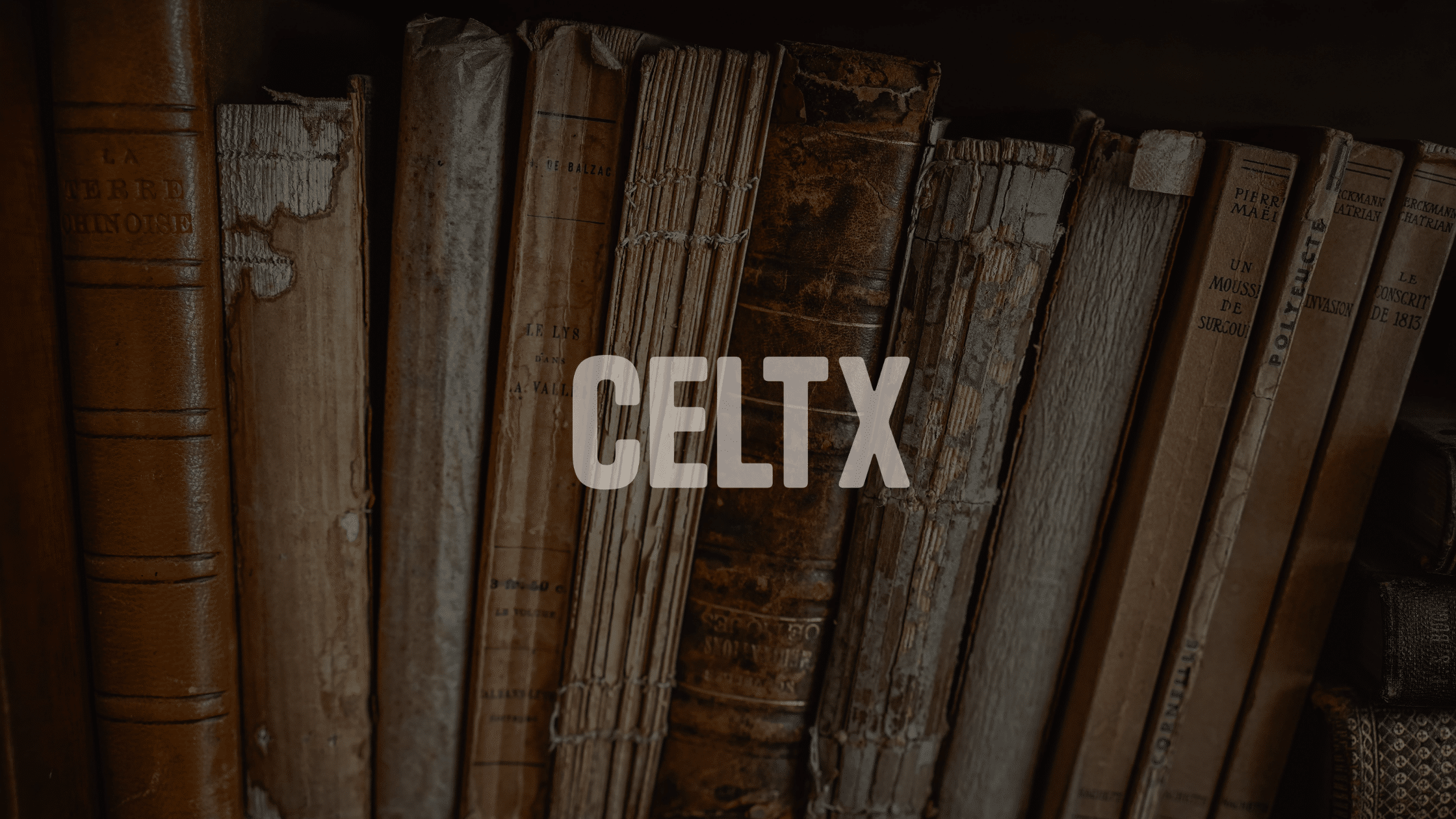 Photo of the spines of books, which represent a story spine. The Celtx logo is in the center.